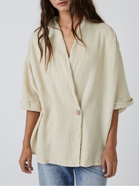 Free People Cream Textured Gauze Button Jacket